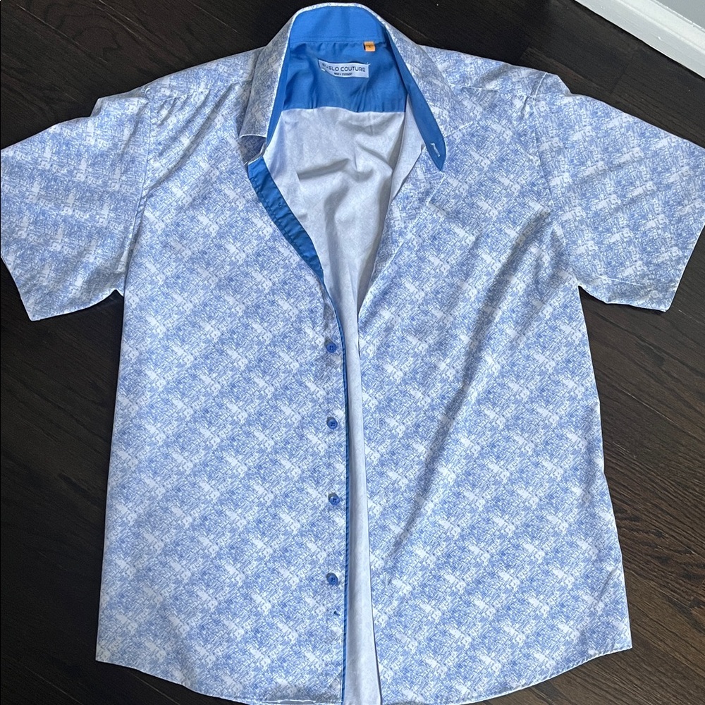 Men's Blue Patterned Short Sleeve Shirt